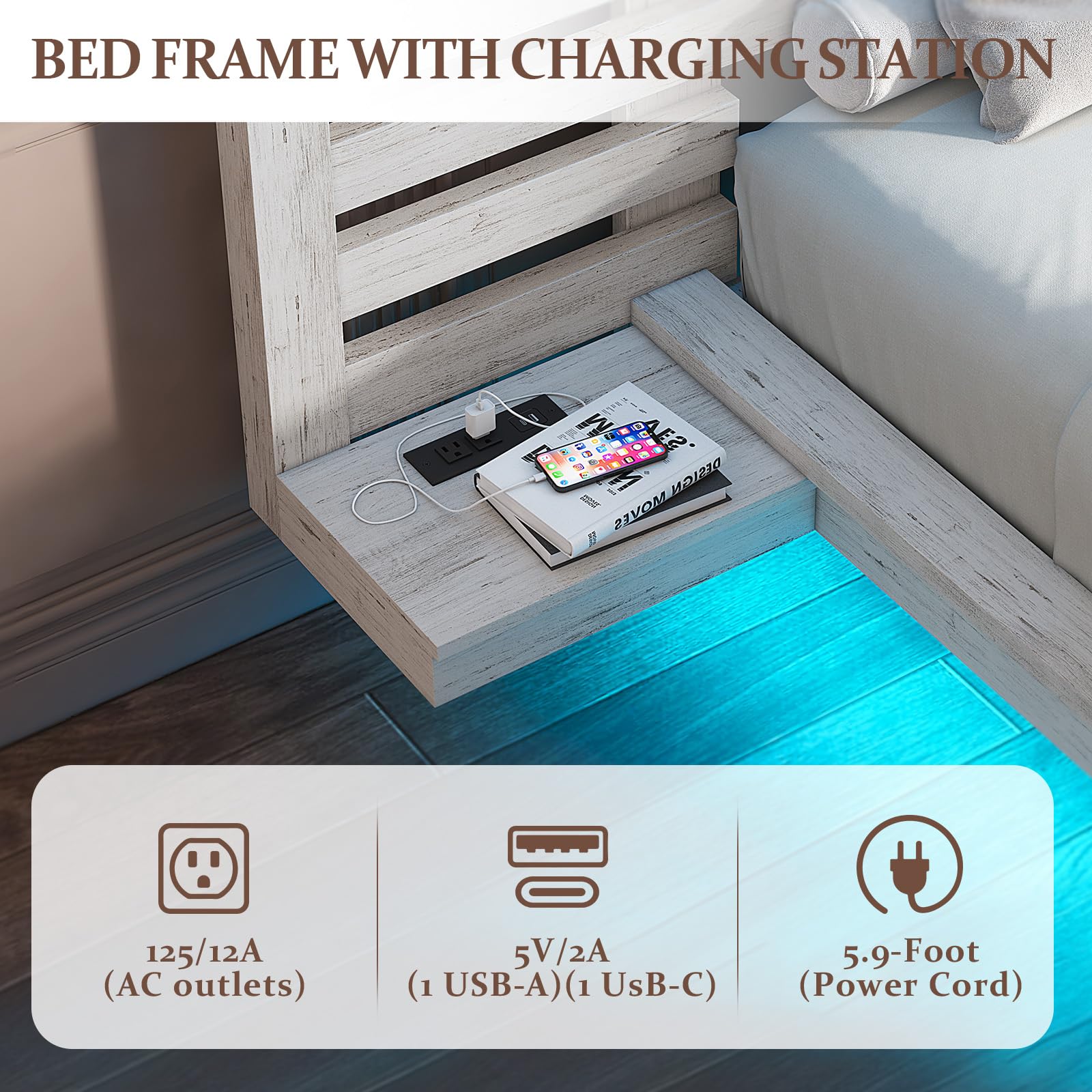 LUXOAK Distressed White Farmhouse Queen Floating Bed Frame with LED Lights & Charging Station - WoodArtSupply