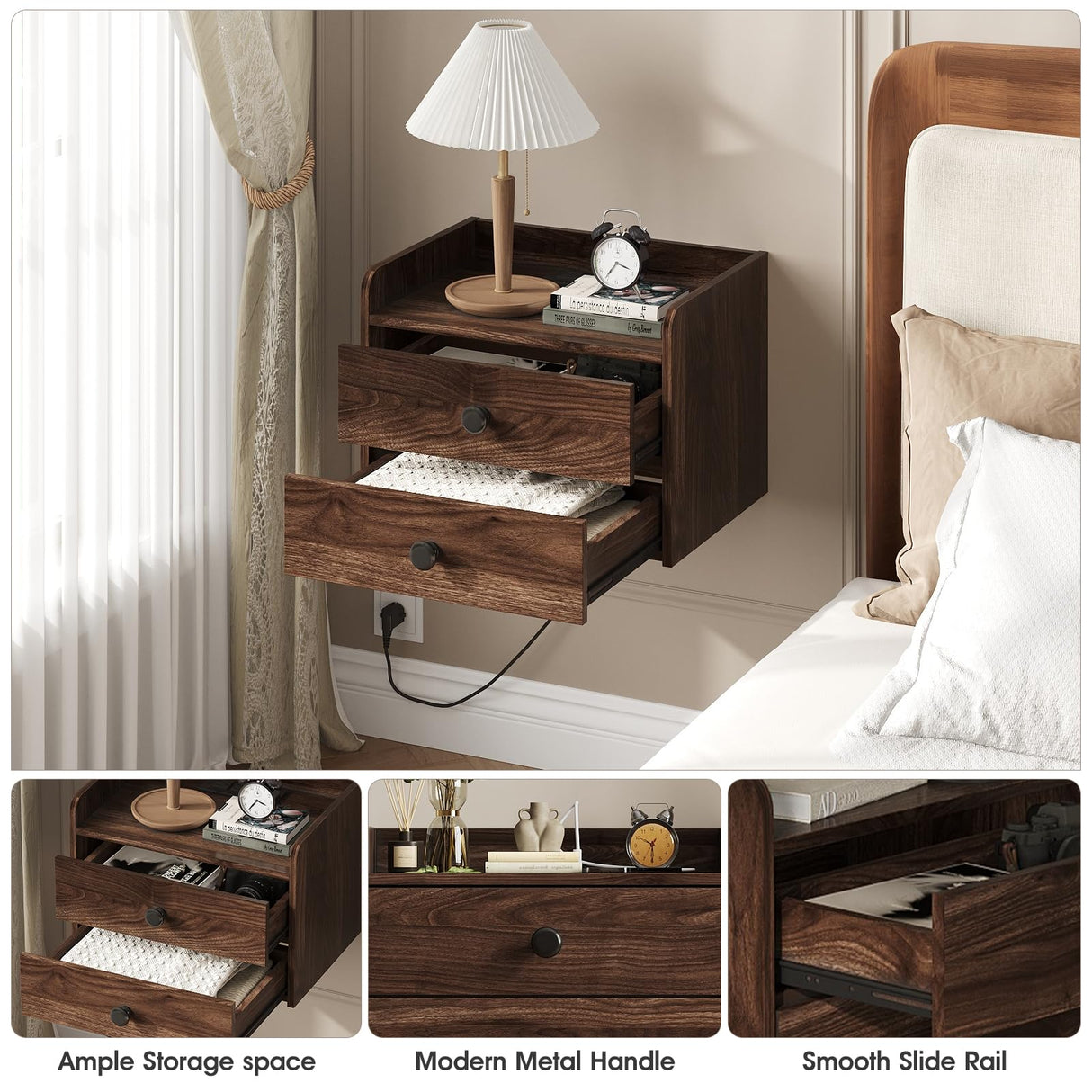 Floating Nightstand Set of 2 with 2 Storage Drawers and Charging Station Wood Wall Mounted Bedside End Table Modern Night Stands Set 2 for Bedroom,Small Space,Brown Walnut Vabches