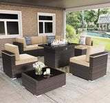 Vakollia 8 Pieces Patio Furniture Set with 44" Propane Gas Fire Pit Table, Outdoor Sectional Brown Rattan Wicker Conversation Sofa Sets with Coffee Table Vakollia