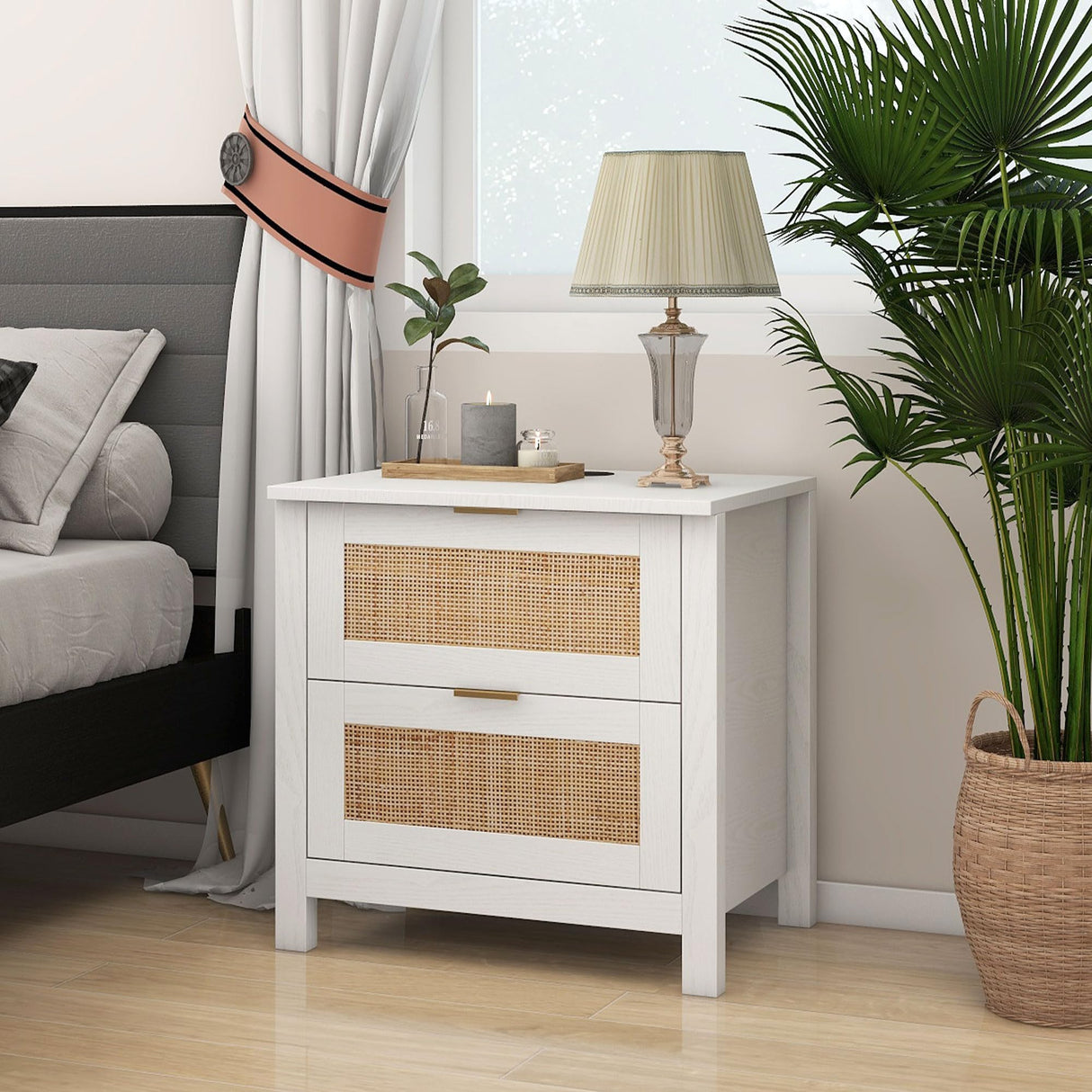 AILEEKISS Night Stand Set of 2 Rattan Nightstands with Wireless Charging Station, Wood Accent Bed Side End Tables with 2 Rattan Drawers, Modern Bedside Stand for Bedroom, Living Room (White) AILEEKISS