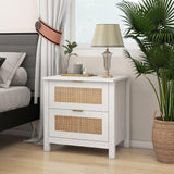 AILEEKISS Night Stand Set of 2 Rattan Nightstands with Wireless Charging Station, Wood Accent Bed Side End Tables with 2 Rattan Drawers, Modern Bedside Stand for Bedroom, Living Room (White) AILEEKISS