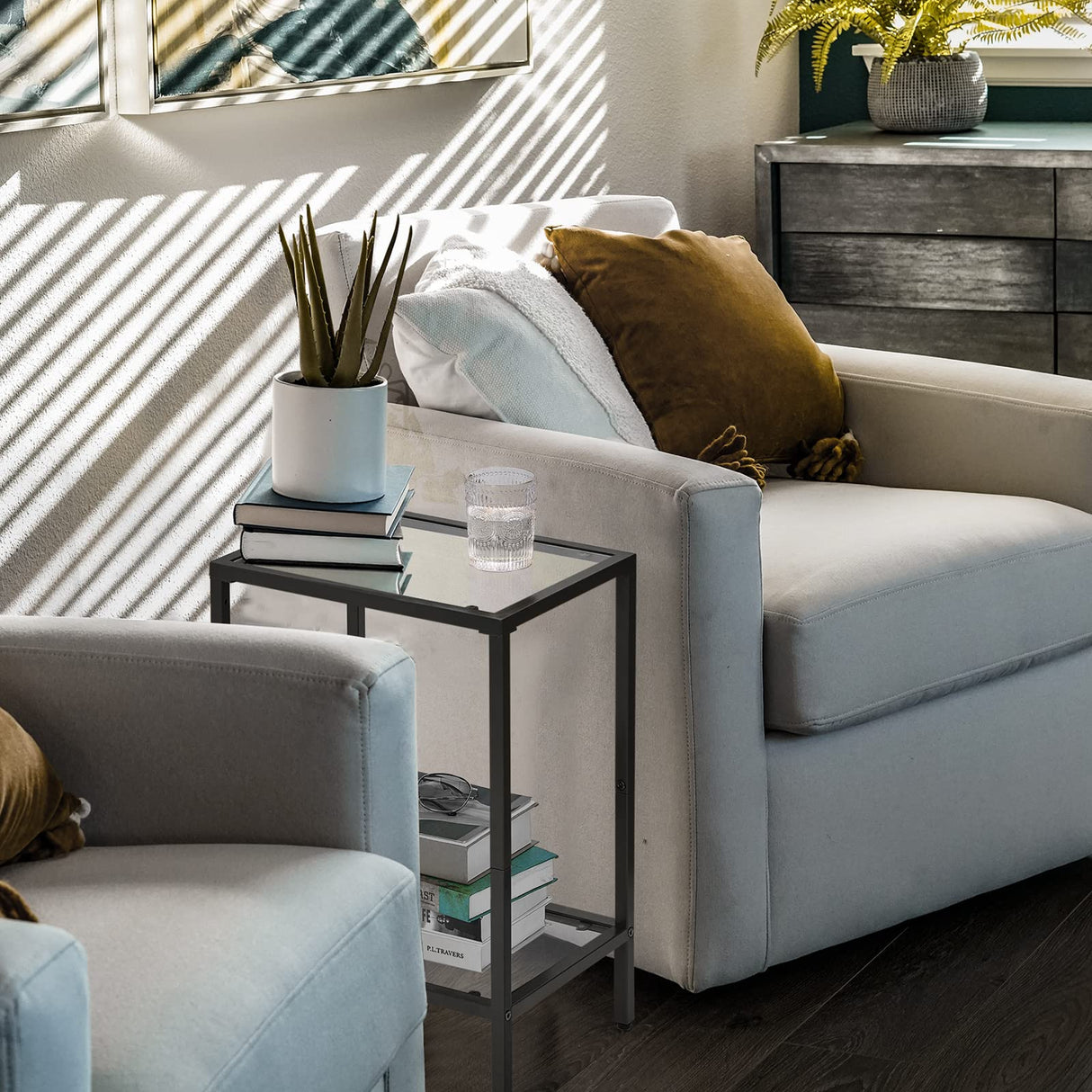 HOMSHO Side Tables Set of 2, End Tables with Tempered Glass, 2-Tier Nightstands with Storage Shelves, Slim Sofa Tables for Living Room, Bedroom, Modern Style, 11.8" D x 15" W, Black HOMSHO