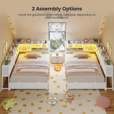 BTHFST Corner Bed Frame with Charging Station & Led Lights, Twin Bed Frame with 8 Storage Drawers & Bookcase, Twin Daybed with Storage Headboard for Kids Guests, White BTHFST