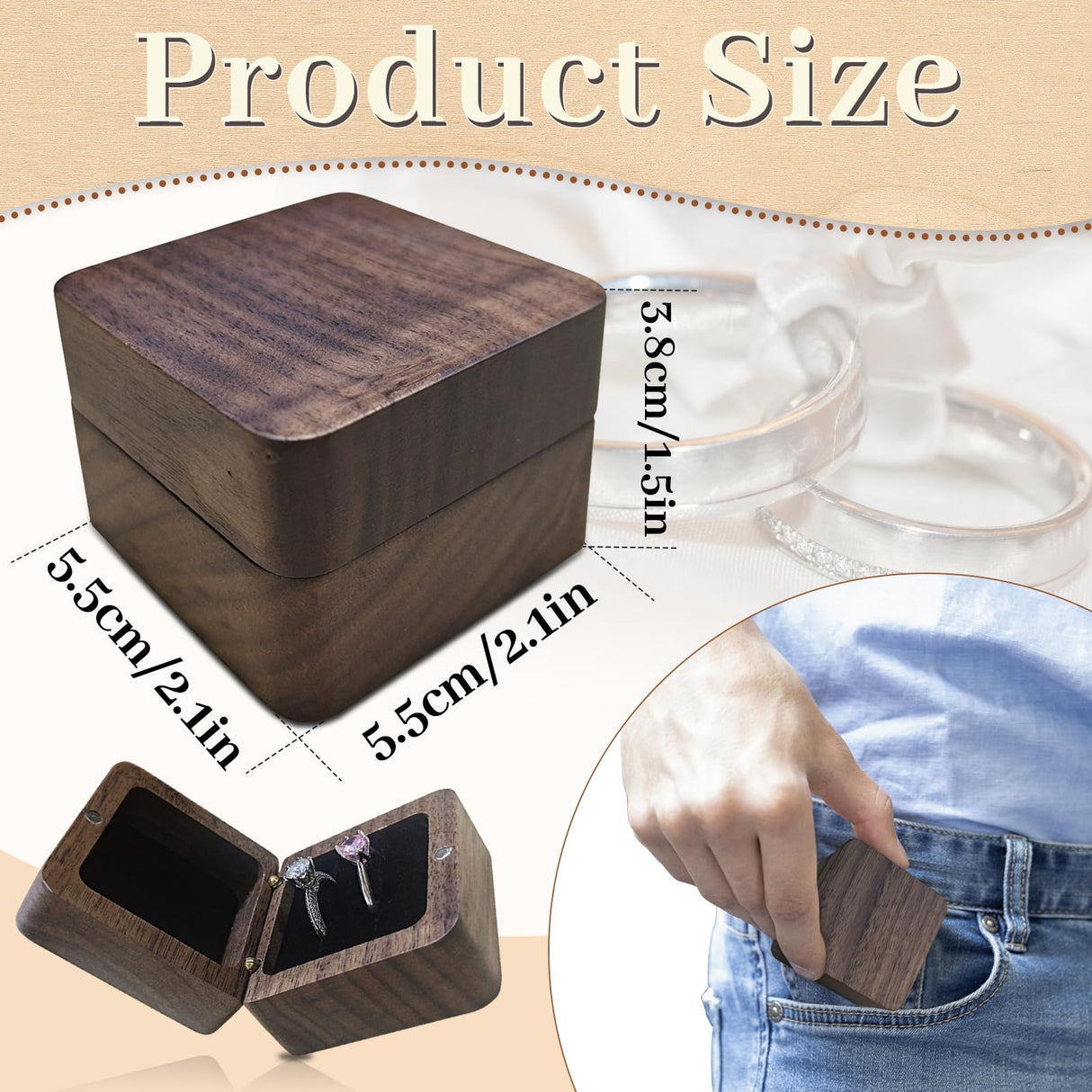 WisePoint Personalized Wooden Ring Box, Mini Engagement Ring Holder Box with Double Slot, Square Wedding Ring Box for Ring, Elegant and Retro Ring Holder Box for Wedding, Ceremony (black) WisePoint