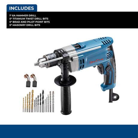 DongCheng Hammer Drill 6A,1/2 Inch Keyed Chuck, 0-3000 RPM/45000 BPM Impact Drill with 15PCS Drilling Bits for Concrete，Metal & Wood, DZJ05-13 Dong Cheng