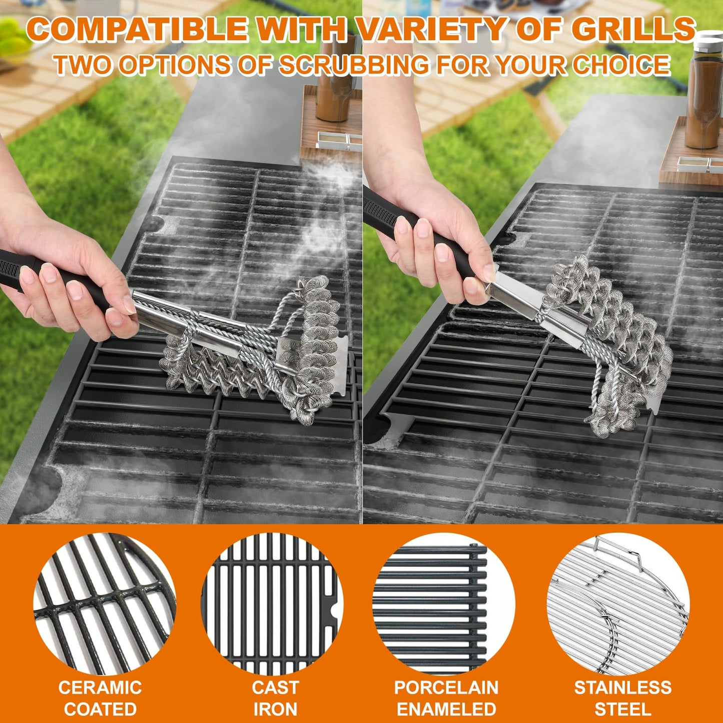 18" Bristle Free Grill Brush Barbecue Triple Scrubbers Cleaning Brush for Gas or Charcoal Grills,Compatible with Stainless Steel/Cast Iron/Porcelain Grill Grates