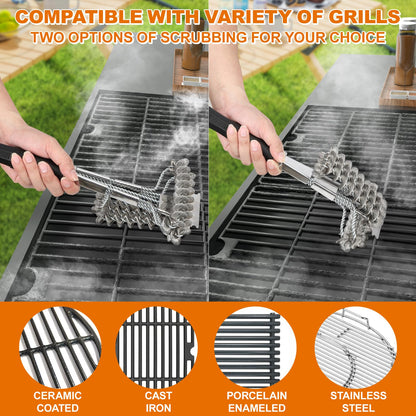 18" Bristle Free Grill Brush Barbecue Triple Scrubbers Cleaning Brush for Gas or Charcoal Grills,Compatible with Stainless Steel/Cast Iron/Porcelain Grill Grates