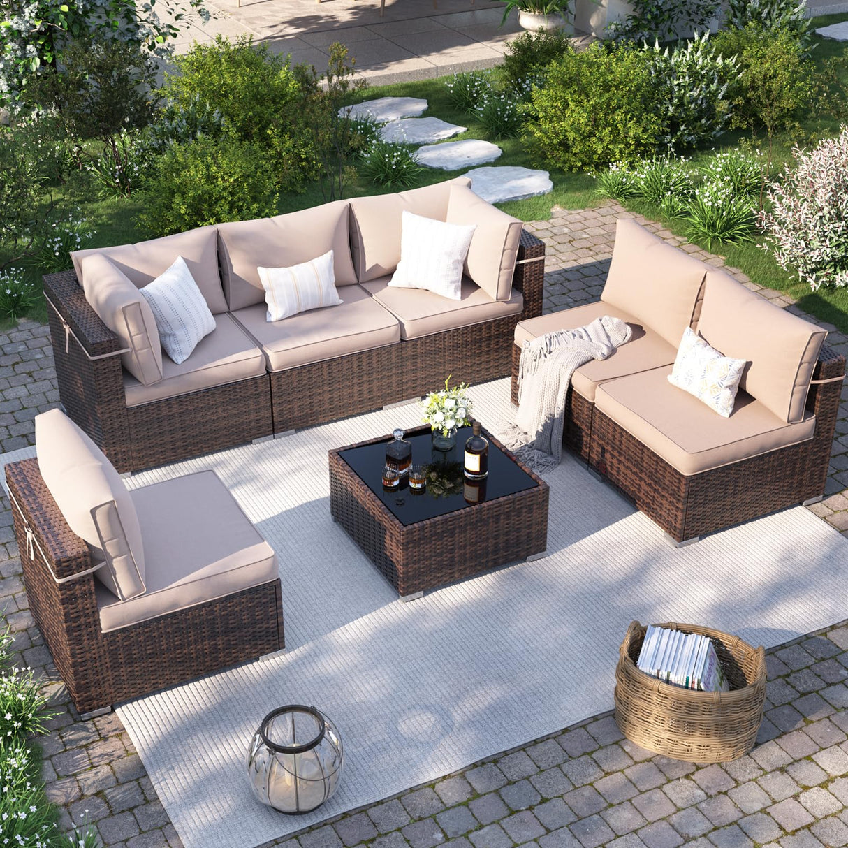 VONZOY Patio Furniture Set, 7-Piece Outdoor Sectional with Waterproof Cover, All-Weather Wicker Patio Conversation Sets for Backyard (Brown with Beige Cushion) VONZOY
