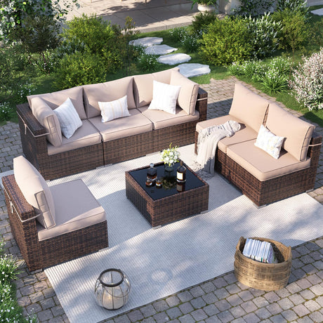 VONZOY Patio Furniture Set, 7-Piece Outdoor Sectional with Waterproof Cover, All-Weather Wicker Patio Conversation Sets for Backyard (Brown with Beige Cushion) VONZOY
