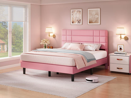 YITAHOME Full Bed Frame Velvet Fabric Upholstered Platform with Headboard and Strong Wooden Slats, Non-Slip and Noise-Free,No Box Spring Needed, Easy Assembly,Pink