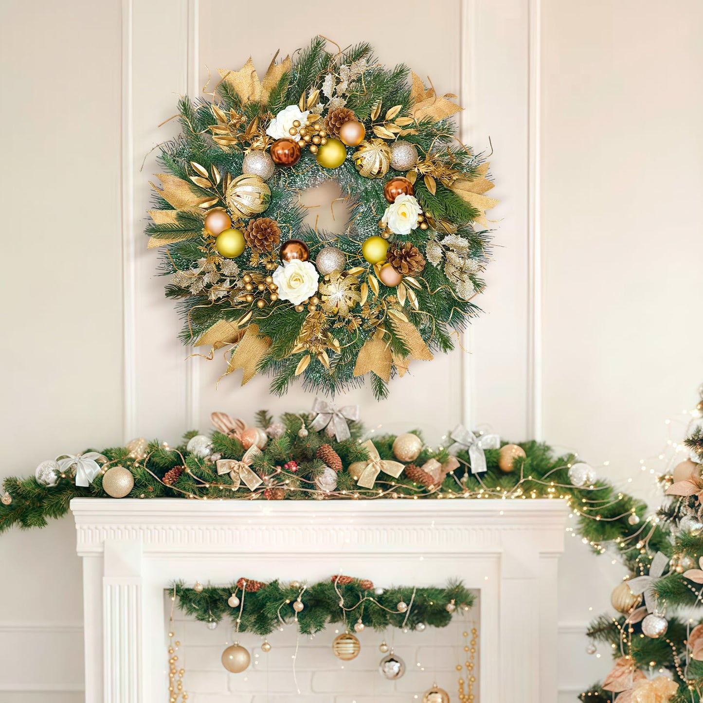 Christmas Wreaths for Front Door with Lights,24 inch Gold Large Christmas Wreaths Outdoor,Decorated with Christmas Ball,Pine Cones,Branches,Rose,Ribbon,Berry for Thanksgiving Fall Winter Decor