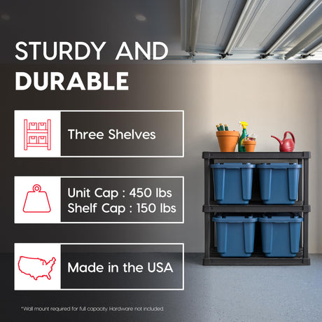 IRIS USA 3-Shelf Heavy Duty Plastic Storage Shelves, 450lb Capacity, 38"H x 36"W x 18"D, Large Modular Shelving Unit Storage Organizer for Garage, Home, Warehouse & Gym, Storage Rack - Black Iris Ohyama