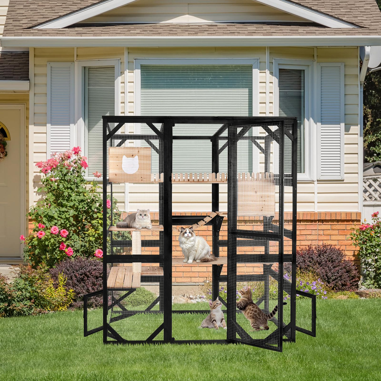 Nicedday Large Cat Catio Outdoor Window Enclosure 73" Wooden Cat House Attached to Window Catio for Cats Walk in Kitty Kennel with Large Enter Door 2 Napping Houses nicedday