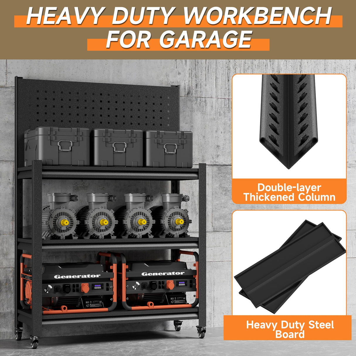 TOPASS WorkBench with Pegboard, Adjustable Heavy Duty Work Table with Wheels, Heavy Duty Workstation, Metal Tool Work Bench for Garage Warehouse Workshop, 48" H x 18" D x 34" W(with Pegboard) Topass