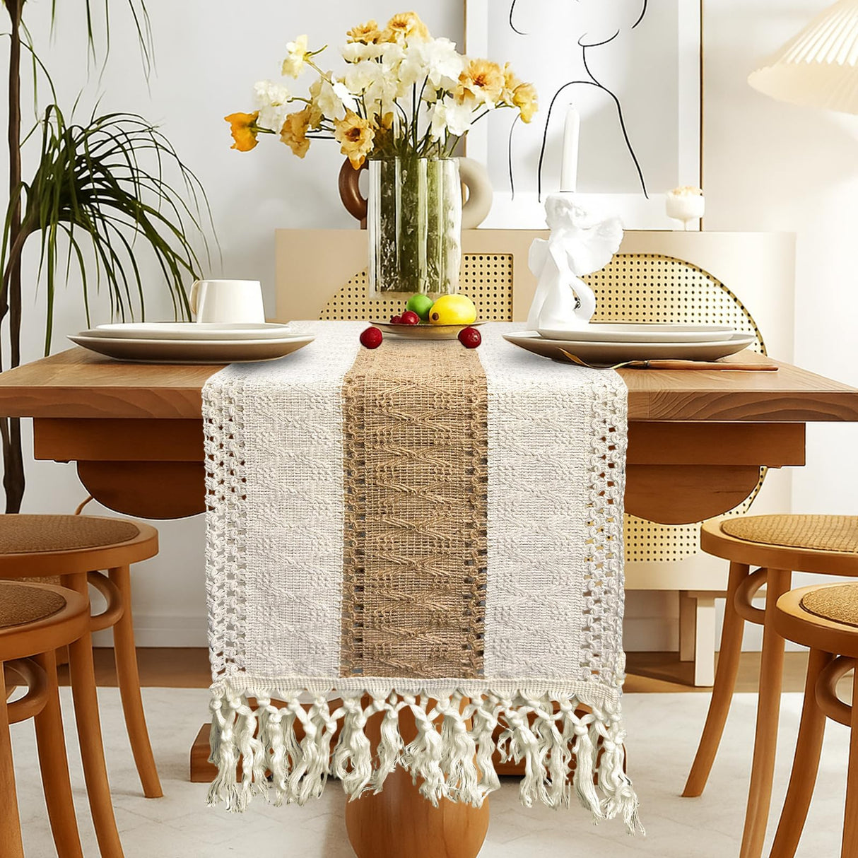 Vanzard Boho Table Runner for Thanksgiving Fall Christmas Home Decor with Tassels 72 Inches Long , Farmhouse Rustic Table Runners for Bohemian Kitchen Dining Table(12x72in) Vanzard