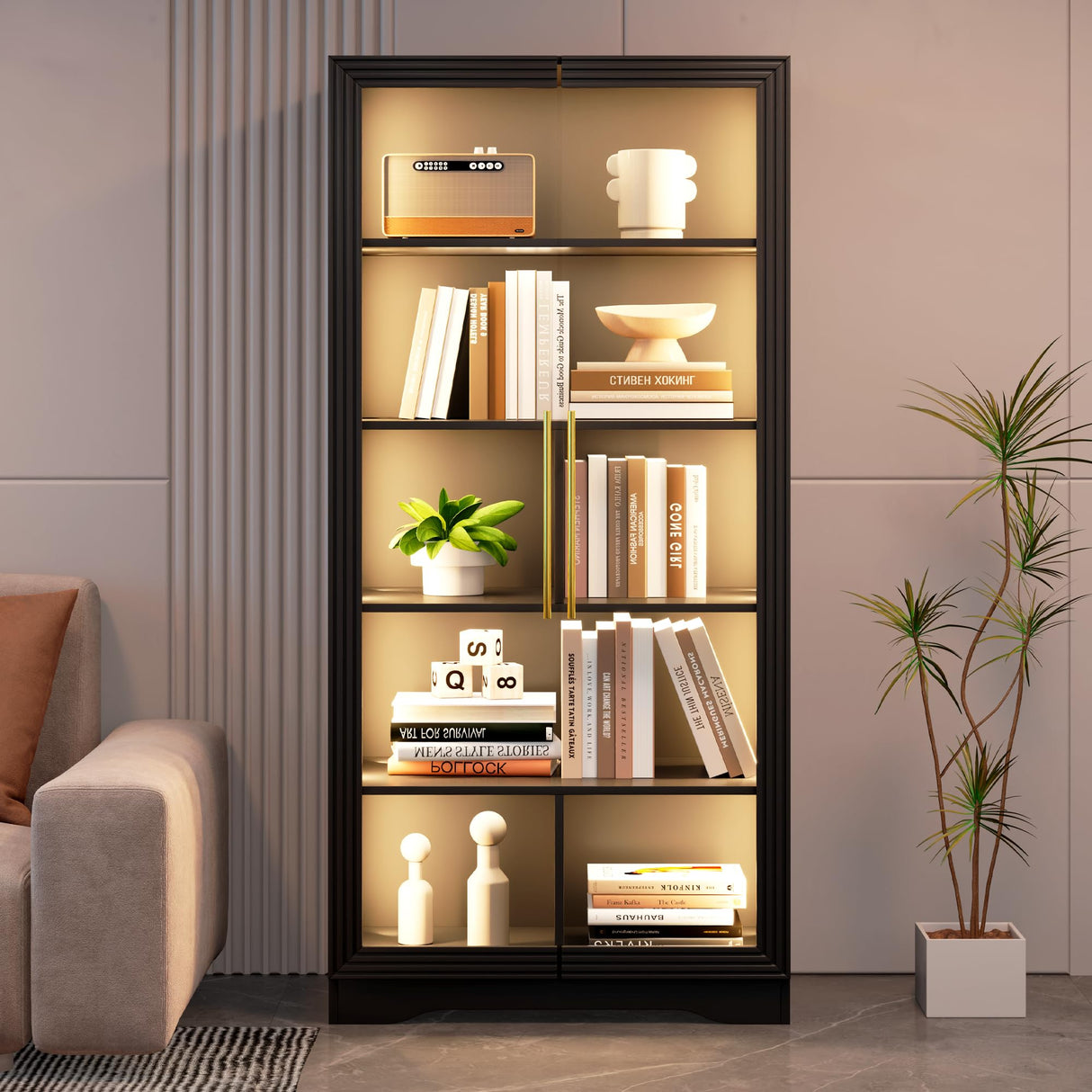 LVSOMT Display Cabinet with Glass Doors, 65" Tall Bookcase with 3 LED Lights/Human Body Sensor, 5 Tier Display Cases for Collectibles, Adjustable Storage Shelves, Home Office, Living Room, Black LVSOMT