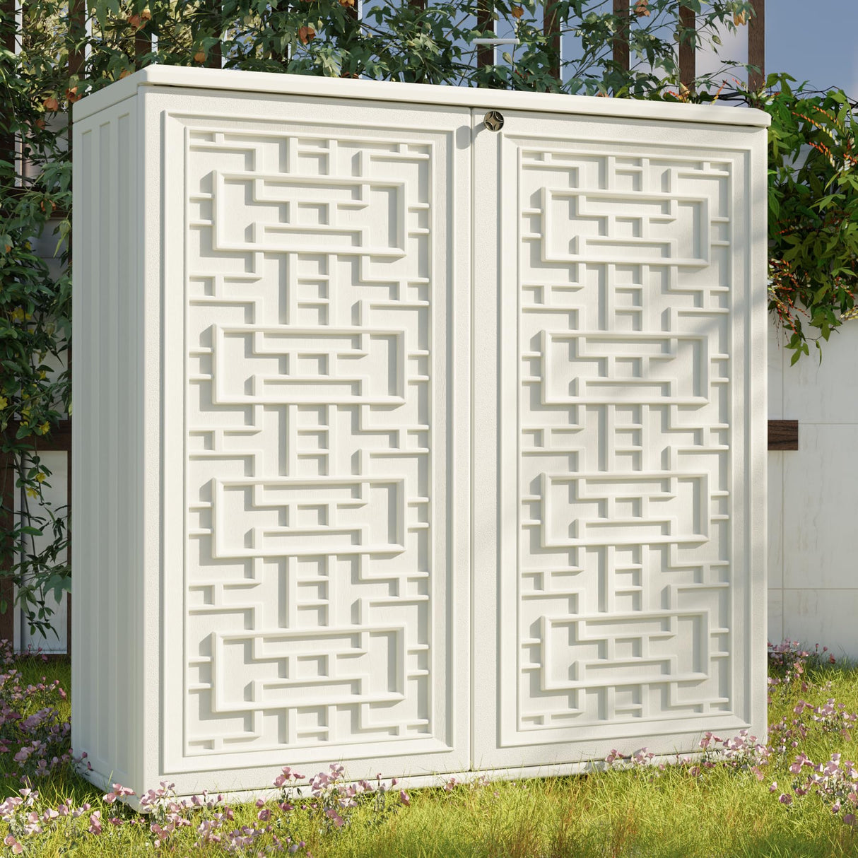 Mrosaa Indoor Outdoor Storage Cabinet Waterproof with Shelf, Off White Plastic Outdoor Cabinets for Patio/Garden/Backyard, Size 34.3''L*15''W*36.2''H Mrosaa