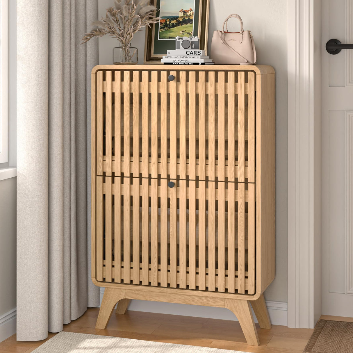 Jluomei Narrow Shoe Cabinet Storage for Entryway Slim, Wood Fluted Entry Way Shoe Organizer, Modern Rack Cabinet with 2 Flip Drawers, Wooden, Farmhouse, Small, Freestanding, Oak, Natural Jluomei