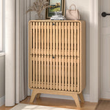 Jluomei Narrow Shoe Cabinet Storage for Entryway Slim, Wood Fluted Entry Way Shoe Organizer, Modern Rack Cabinet with 2 Flip Drawers, Wooden, Farmhouse, Small, Freestanding, Oak, Natural Jluomei