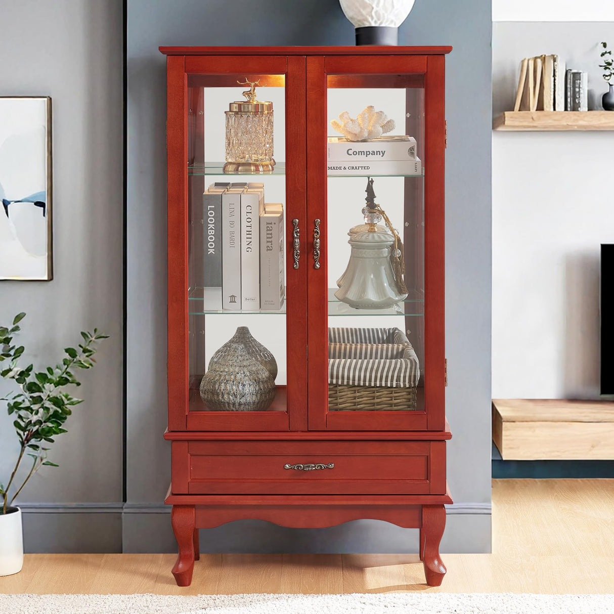 HIUU Cherry Curio Cabinets with Glass Doors,49.4’’H Curio Cabinet with Lights,Display Cabinet with Glass Doors and Adjustable Shelves,Wooden China Cabinet for Living Room HIUU