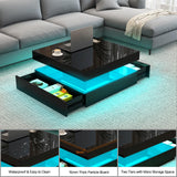 FKWin LED Coffee Table for Living Room with Storage - High Glossy Modern White Center Table with 2 Drawers, Square Wooden Middle Table with 16-Color Lights 31"" x 31"" x 14.6"" (Black) FKWin