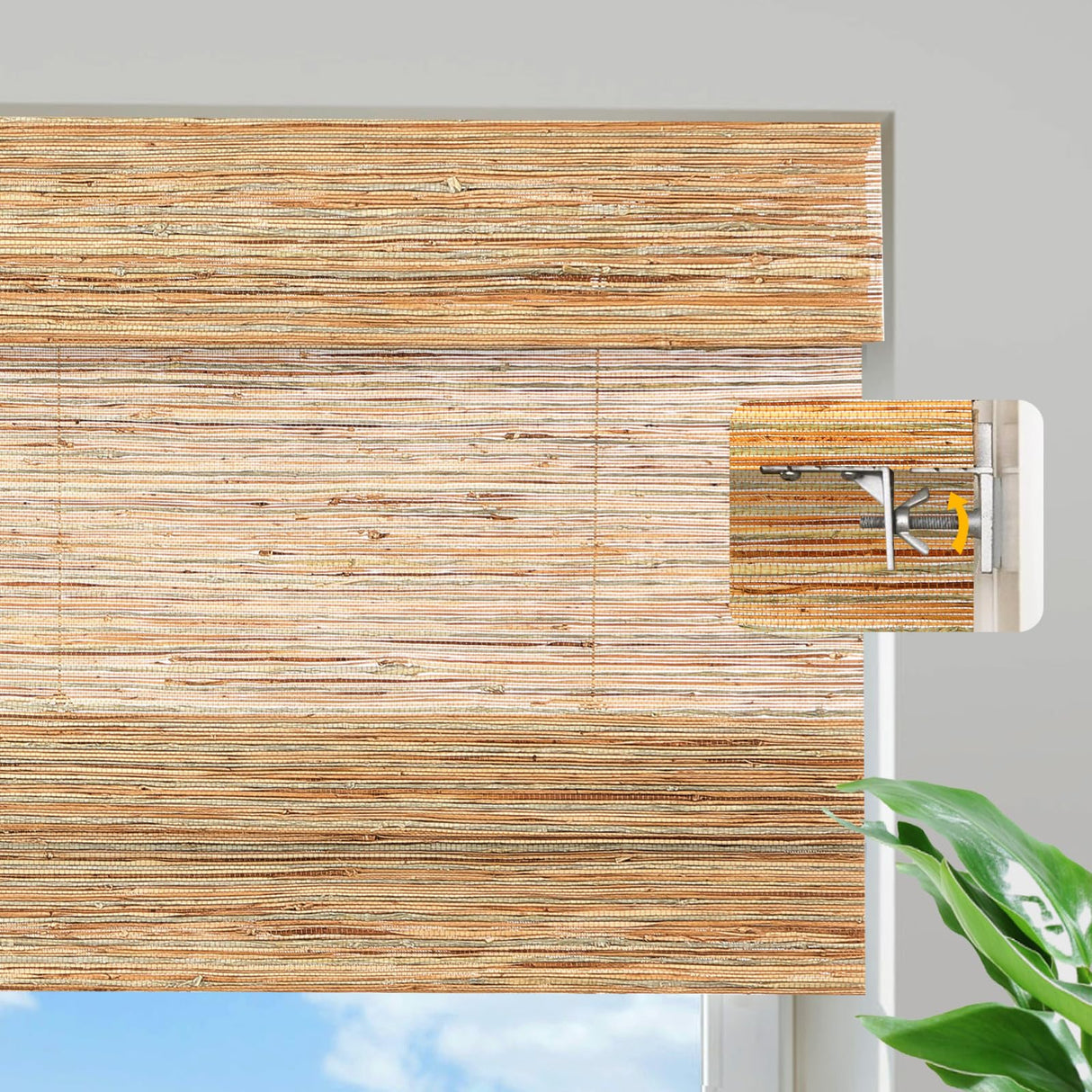 HousCa Blackout No Drill Bamboo Shades, Custom Cordless Bamboo Roman Shades Window Blinds, Natural 100% Bamboo and Linen Blinds for Windows, Deer Horn Brown HousCa