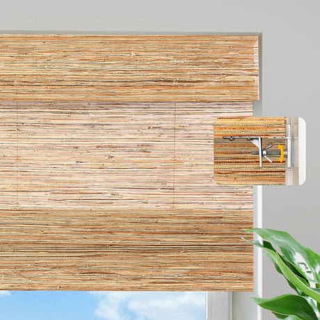 HousCa Blackout No Drill Bamboo Shades, Custom Cordless Bamboo Roman Shades Window Blinds, Natural 100% Bamboo and Linen Blinds for Windows, Deer Horn Brown HousCa