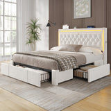HAUOMS Queen Bed Frame with 3 XL Storage Drawers, Storage Headboard with RGB Lights & Charging Station, Velvet Upholstered Platform Bed Queen Size, No Box Spring Needed, Noise-Free, Creamy White HAUOMS