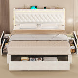 BTHFST Upholstered LED Bed Frame Queen Size with 5 Storage Drawers, Hidden Storage Headboard with Charging Station, Velvet Button Tufted Headboard Platform Bed, Beige BTHFST