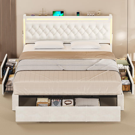 BTHFST Upholstered LED Bed Frame Queen Size with 5 Storage Drawers, Hidden Storage Headboard with Charging Station, Velvet Button Tufted Headboard Platform Bed, Beige BTHFST