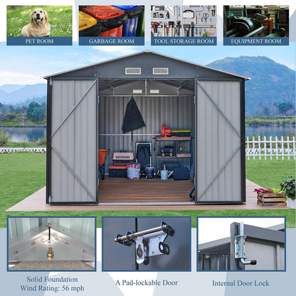 VanAcc 10x12x7.5 FT Outdoor Storage Shed, Metal shed with 2 Clear Panels Hinged Double Doors 4 Vents, Outdoor Shed for Backyard, Garden, Patio, Dark Grey/White - WoodArtSupply