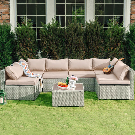 Skyfish 7 Pieces Patio Furniture Set - Outdoor Sectional Wicker Rattan Furniture with Cushion and Glass Table Patio Conversation Sets for Porch Poolside Backyard Outdoor Sofa Set Modular Sofa Skyfish