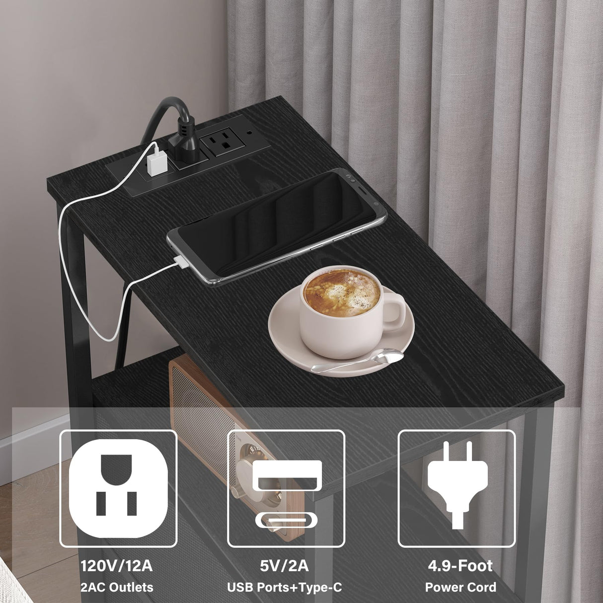 TUTOTAK Narrow End Table with Charging Station, Side Table with Plugins, Tall LED NightStand with 3 Fabric Drawer, Small Bedside Table with Storage, Set of 2, for Living Room, Black TB01BK073L TUTOTAK