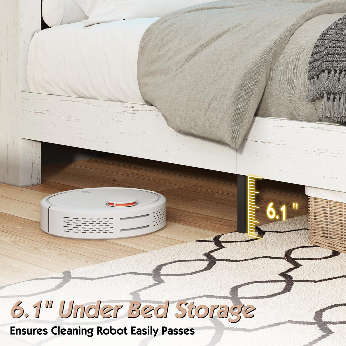 LUXOAK Queen Size Bed Frame with Bookcase Storage Headboard & Footboard, Farmhouse Wood Platform Bed with LED Light & Charging Station, No Box Spring Needed, White LUXOAK