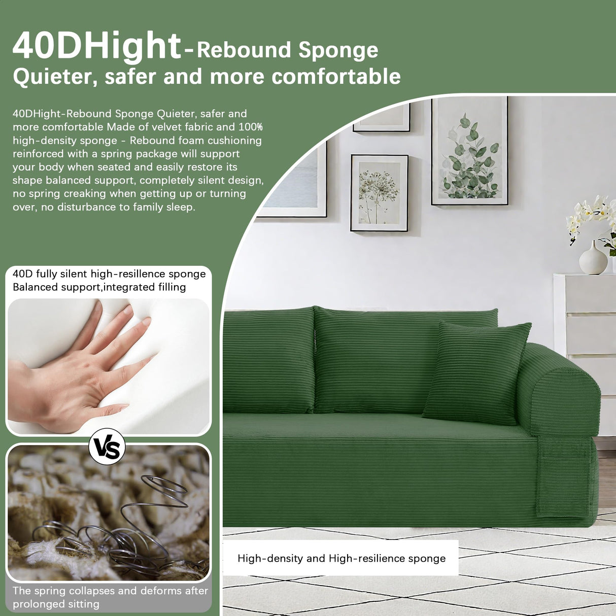 83" Modern Sofa in a Box, No Assembly Oversized 3 Seater 28" Deep Seat Cloud Sofa Bed Couch with 4 Furry Pillows & Corduroy Fabric, Boneless Couch with Side Storage Pockets for Living Room, Green Zyerch