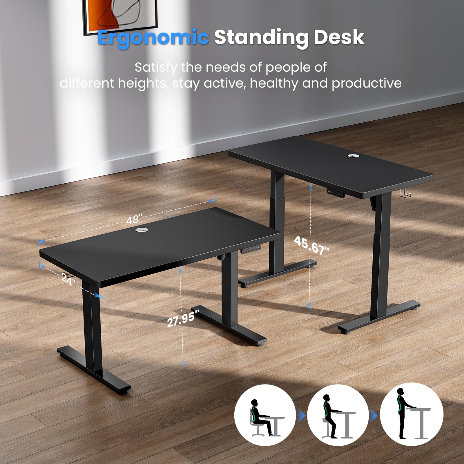 SIAGO Electric Standing Desk Adjustable - 63 x 24 Inch Sit Stand up Desk with Cable Management - 3 Memory Preset Adjustable Height Desk Computer Home Office Desk - WoodArtSupply