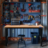 WORKPRO Adjustable Garage Workbench, 60x24 Rubber Wood Top Heavy-Duty Work Desk with Power Outlets, Leveling Foot, 5 Heights, 1500 LBS Load Capacity Work Benches for Garage, Workshop, Office, Home WORKPRO