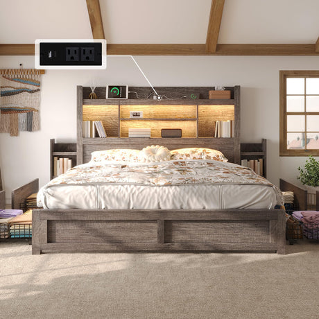 LUXOAK King Bed Frame with 49.6" Bookcase Headboard & 2 Bedside Stoage Racks & 4 Drawers, Farmhouse Wood Bed Frame with RGB LED & Charging Station, No Box Spring Needed, Grey LUXOAK
