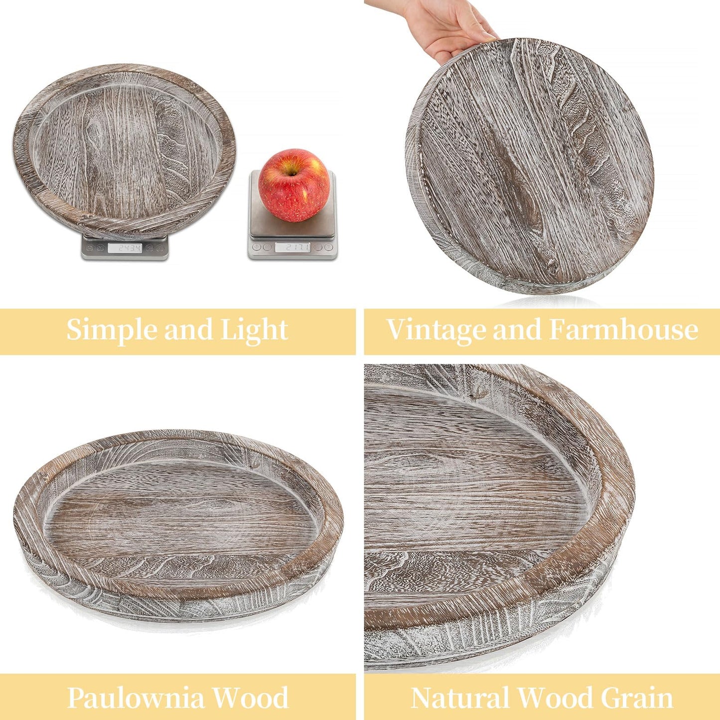 Wooden Decorative Tray Candle Holder: Romadedi Round Wood Tray Home Decor, Whitewash Rustic Trays for Farmhouse Dinning Table Kitchen Countertop Coffee Table Wedding Centerpiece, 11inch, Size L