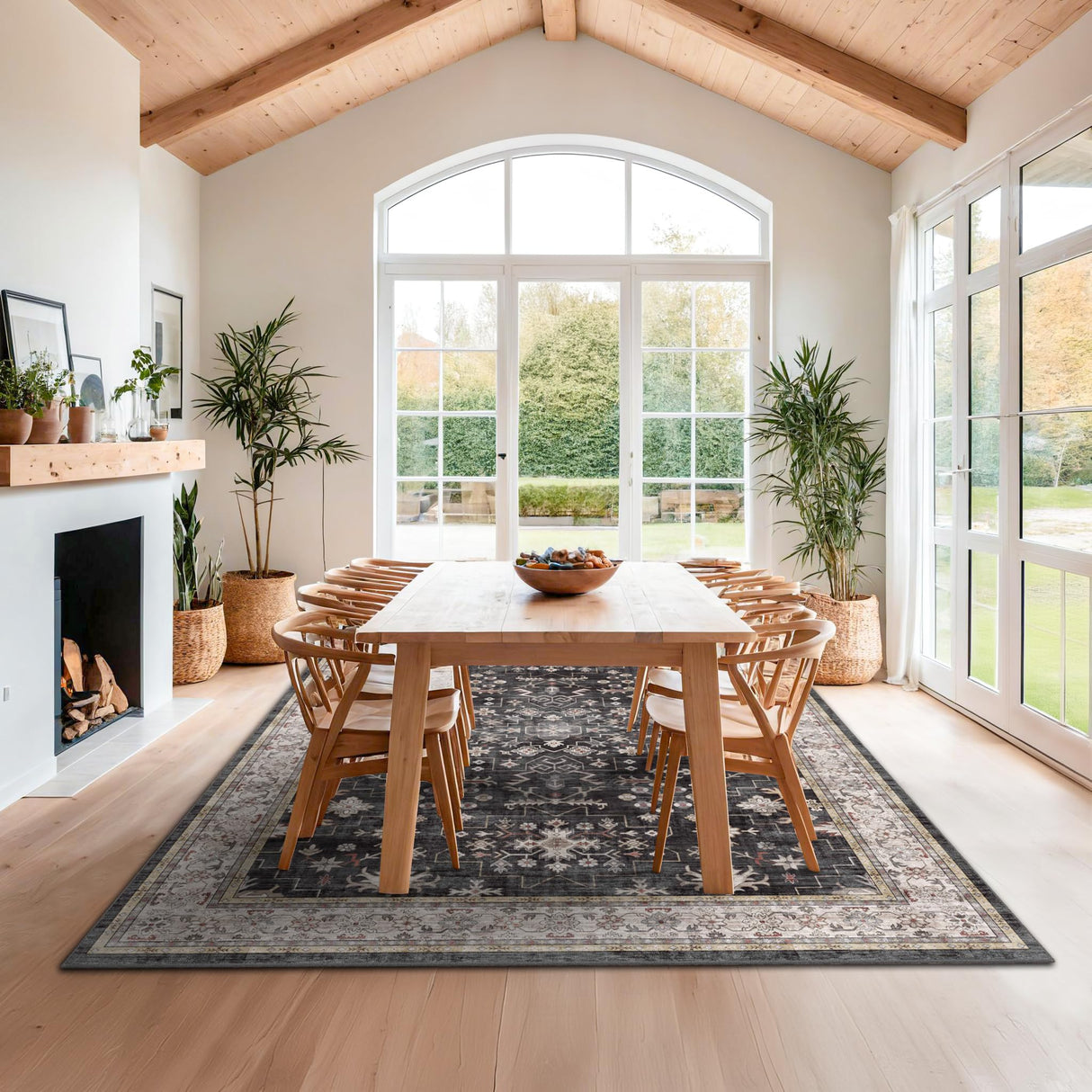 Black Farmhouse Washable 8x10 Area Rugs for Living Room, Bedroom, Dining Room Kitchen Table Rug for Under Table, Office, Dark Charcoal Tumble Stain Resistant Non-Slip Large Washable (8x10 Black/Multi) Hazo Haus