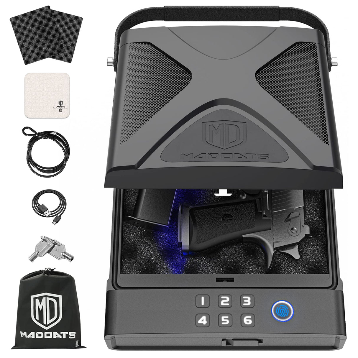 MD MADOATS Car Gun Safe, Portable Biometric Safes for Pistols with Cable, Fingerprint & Keypad & Key Access Handgun Lock Box for Vehicle Travel Home (Leather Logo) MD MADOATS