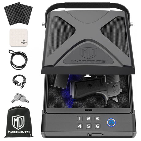 MD MADOATS Car Gun Safe, Portable Biometric Safes for Pistols with Cable, Fingerprint & Keypad & Key Access Handgun Lock Box for Vehicle Travel Home (Leather Logo) MD MADOATS