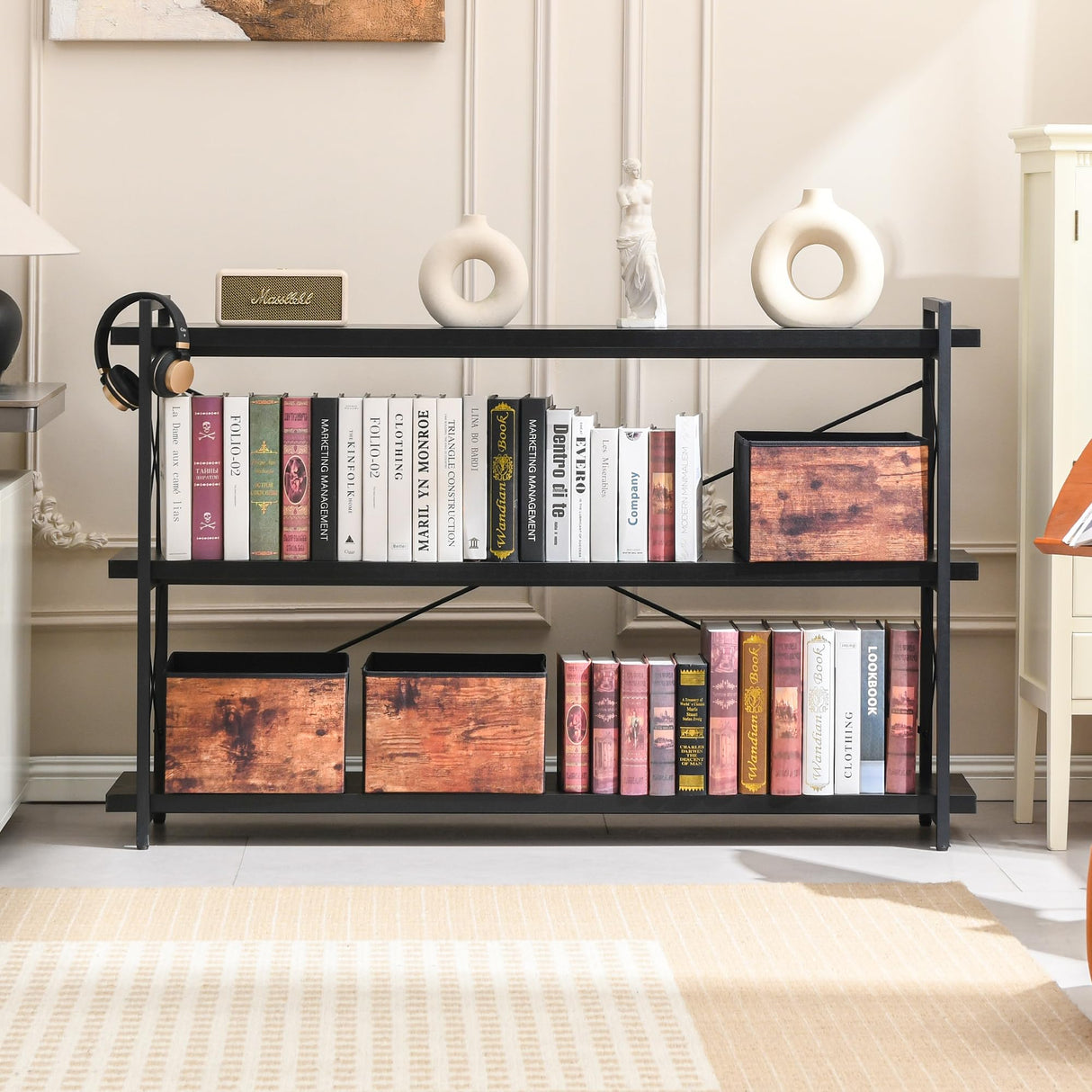 HCHQHS Bookshelf, 3-Tier Long Industrial Bookcase, Black Open Book Shelf, Freestanding Horizontal Bookshelves with Metal Frame HCHQHS