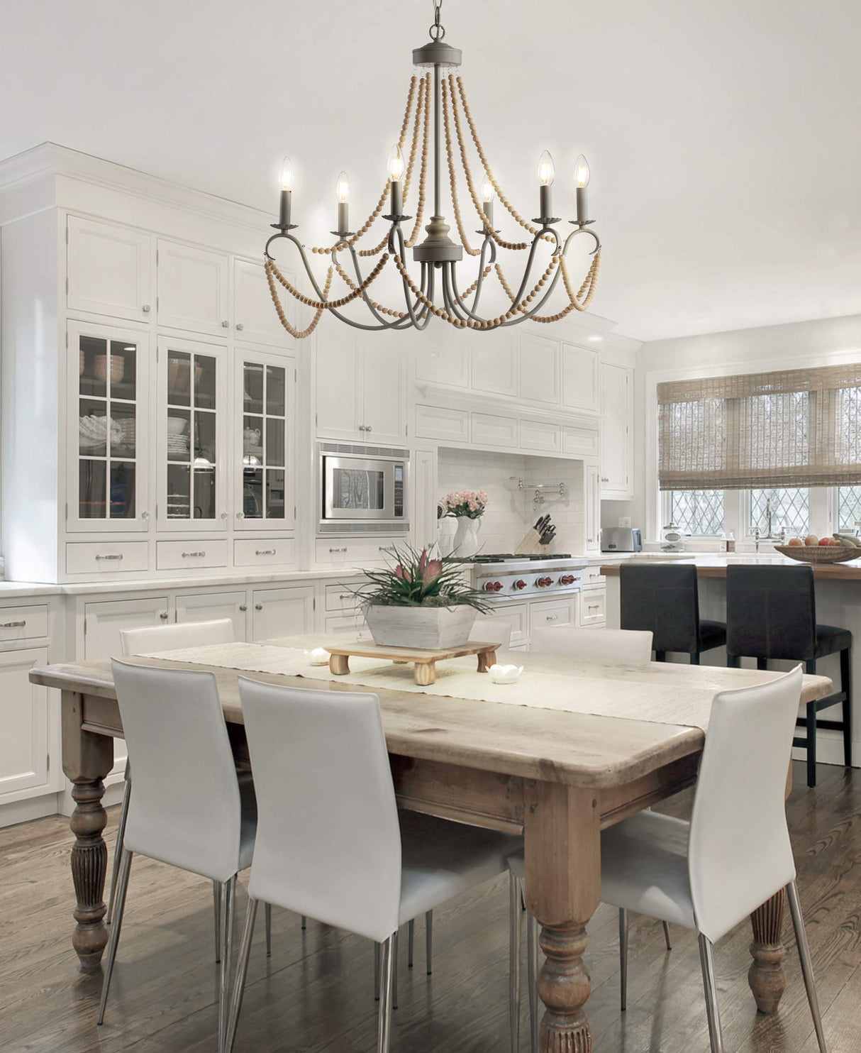 JONATHAN Y JYL9060A Rustica 6-Light 27" Adjustable Greige Metal/Wood Bead LED Chandelier Classic,FrenchCountry,Glam,Transitional Dimmable, for Dining Room, Foyer, Bedroom, Grey/Natural JONATHAN Y