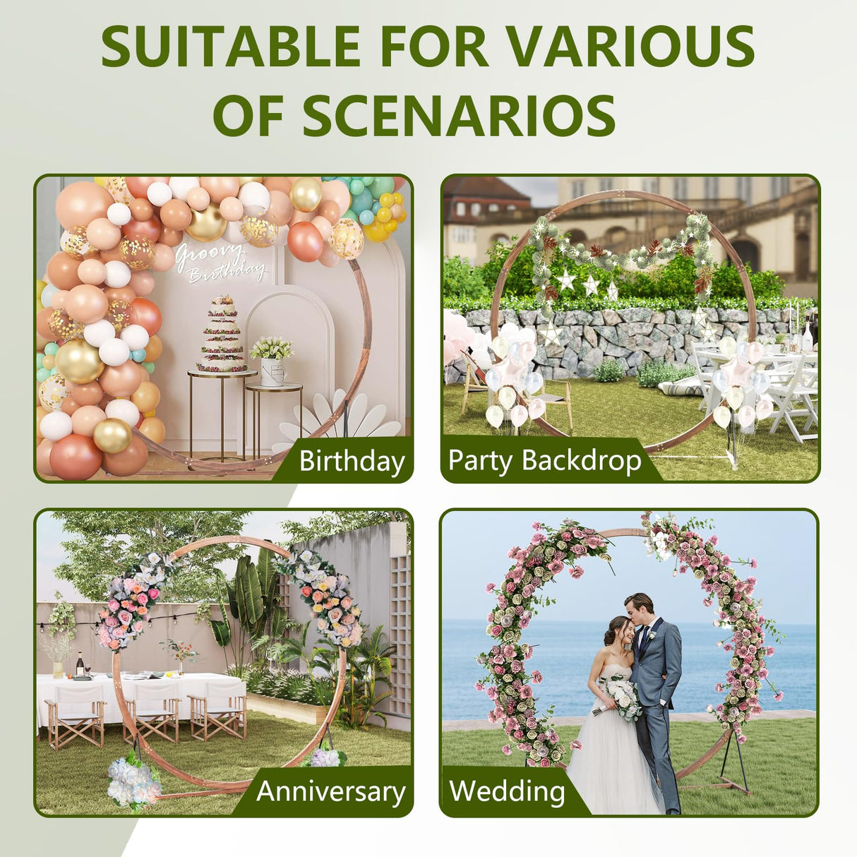 Moccha Wedding Arch, 7.4 FT Wooden Arch Backdrop Stand, Outdoor Archway Pergola, Garden Arbor Trellis for Climbing Plants Flower Balloon, Rustic Wedding Decorations for Home Party Ceremony, Round LDAILY