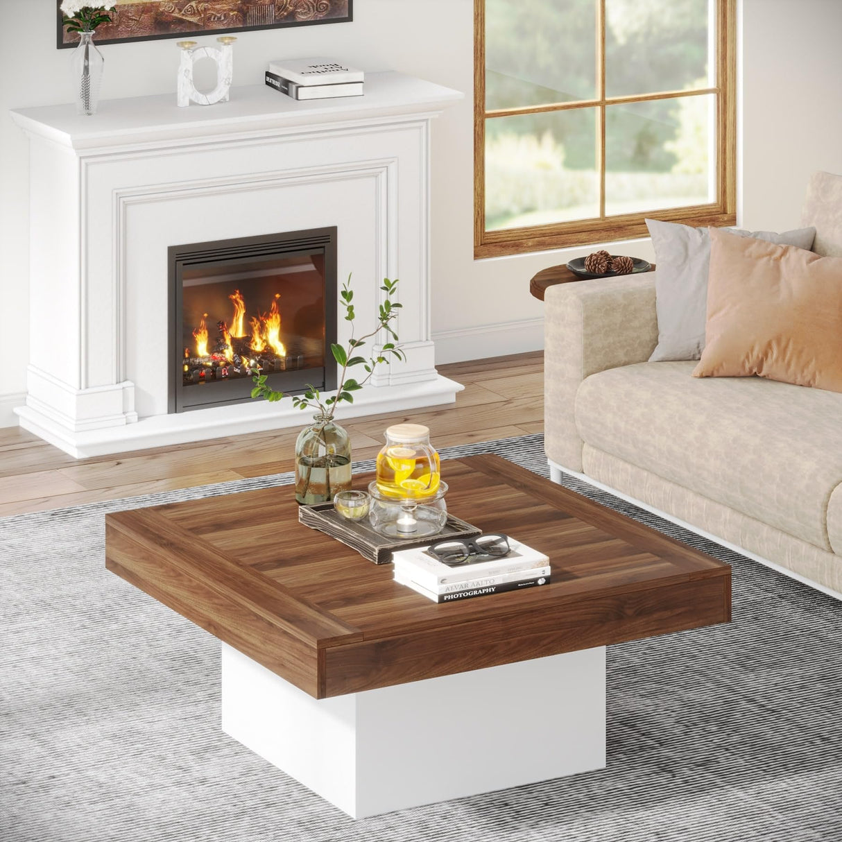 Bed Bath & Beyond Farmhouse Square LED Coffee Table Engineered Wood Coffee Table for Living Room Tan Bed Bath & Beyond