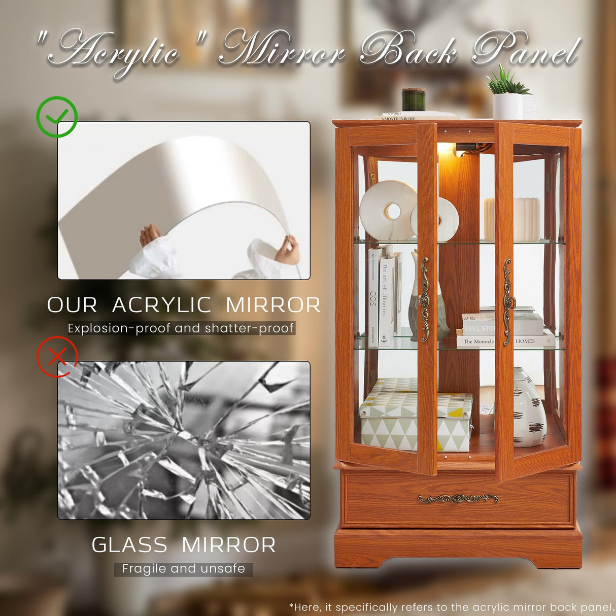 Eyisean Lighted Curio Cabinet 47" H China Cabinet with Tempered Glass Doors, 3-Tier Adjustable Shelves and Acrylic Mirrored Back Pane, Glass Display Cabinet for Living Room (Dark Oak) Eyisean