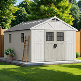 Patiowell 10 x 14 FT Outdoor Storage Shed, Plastic Shed with Floor and Skylight, Resin Storage Shed with Four-Window and Lockable Door for Garden, Patio, Backyard, Beige Patiowell