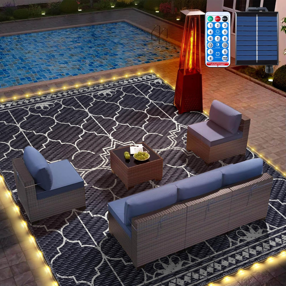 9x12Ft Outdoor Rug, Solar Powered Outdoor Rug with 131LEDs Strip Lights for House Deck, Waterproof Plastic Reversible Outdoor Straw Rugs, Rugs Mat RV Camping Patio Beach Balcony Picnic (Blue White) Capybland