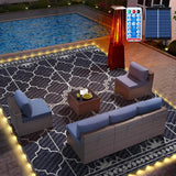 9x12Ft Outdoor Rug, Solar Powered Outdoor Rug with 131LEDs Strip Lights for House Deck, Waterproof Plastic Reversible Outdoor Straw Rugs, Rugs Mat RV Camping Patio Beach Balcony Picnic (Blue White) Capybland